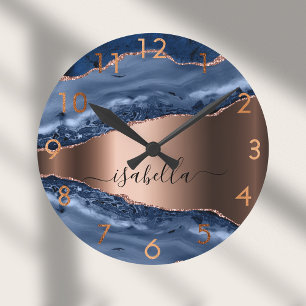 Horloge Ronde Bleu marbre rose or