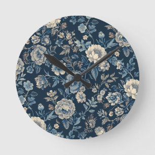 Horloge Ronde Bleu marine motif floral botanique vintage