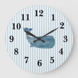 Horloge Ronde Bleu Nautique Baleine Bleue Bande Préppy Grande Ho