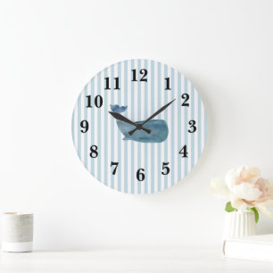 Horloge Ronde Bleu Nautique Baleine Bleue Bande Préppy Grande Ho