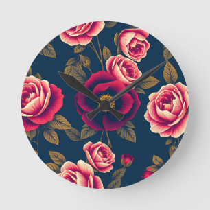 Horloge Ronde Bleu Nuit Floral Vintage Corail Roses Feuilles Dor