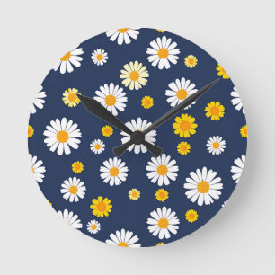 Horloge Ronde Bleu Nuit Jaune Daisy Floral Simple Motif Rétro
