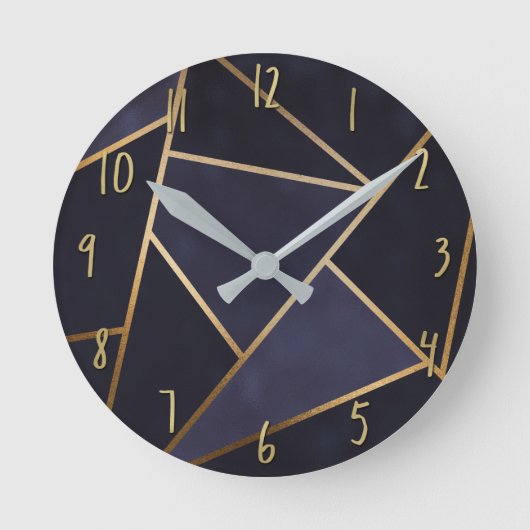Horloge Ronde Bleu Nuit Triangles Dorés Géométrique Élégant Chic (Recto)