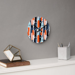 Horloge Ronde Bleu orange brosses Motif Abstrait