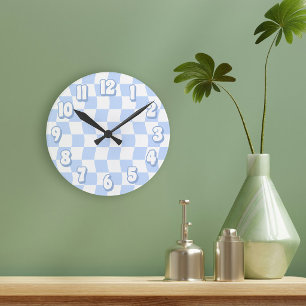 Horloge Ronde Bleu pastel rétro blanc damier ondulé
