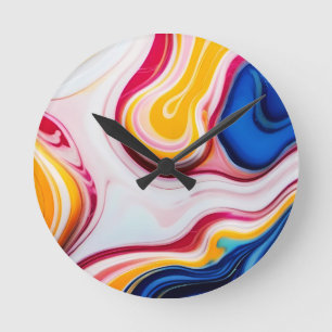 Horloge Ronde Bleu tendance rose jaune faux marbre blanc