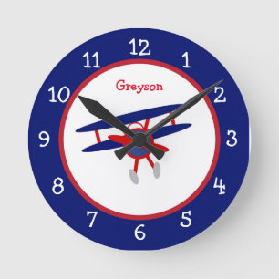 Horloge Ronde Blue and Red Airplane Children