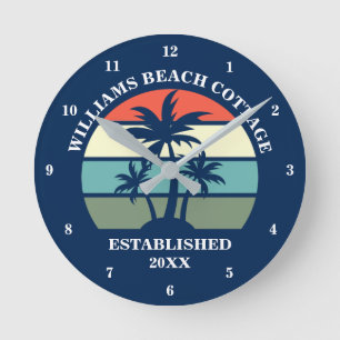 Horloge Ronde Blue Beach House Palm Tree Island Home Custom