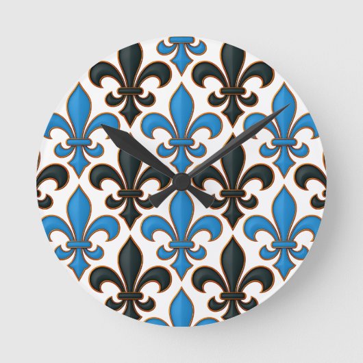 Horloge Ronde Blue Black Baroque Fleur-de-lis Pattern Design (Recto)
