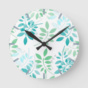 Horloge Ronde Blue Green Leaves