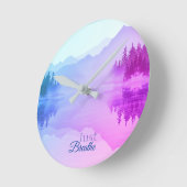 Horloge Ronde Blue N Pink Mountains Paysage forestier (Angle)