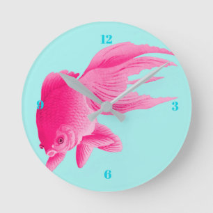 Horloge Ronde Blue Pop Art Pink Goldfish Moderne