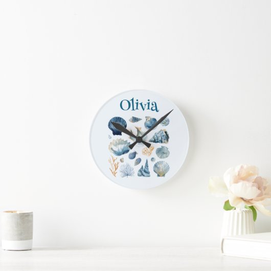 Horloge Ronde Blue Seashell Wall Clock | Custom Name (Maison)