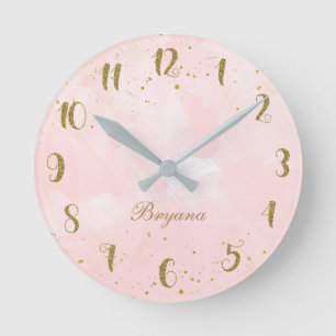 Horloge Ronde Blush Rose & Gold Splatter Moderne Personnalisé