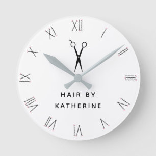 Horloge Ronde Bobby Pin Roman Numéros Ciseaux White Hair Salon