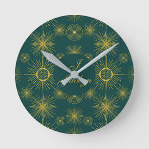 Horloge Ronde Boho Celestial Sun Stars Personnalisé Turquoise