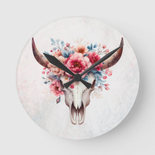 Horloge Ronde Boho Chic Aquarelle Florale Vache Crâne