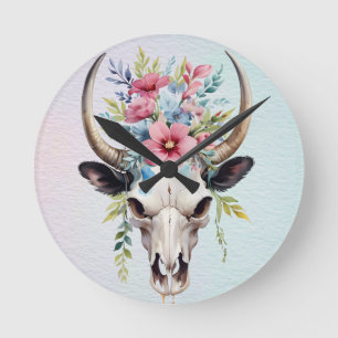 Horloge Ronde Boho Chic Aquarelle Florale Vache Crâne