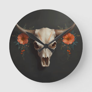 Horloge Ronde Boho Chic Aquarelle Minimaliste Vache Florale Crân