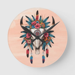 Horloge Ronde Boho Chic Aquarelle Tribal Floral Vache Crâne