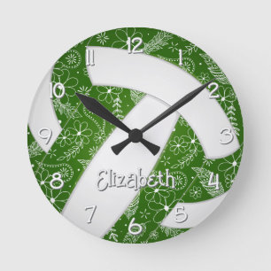 Horloge Ronde boho doodé floral vert blanc volleyball