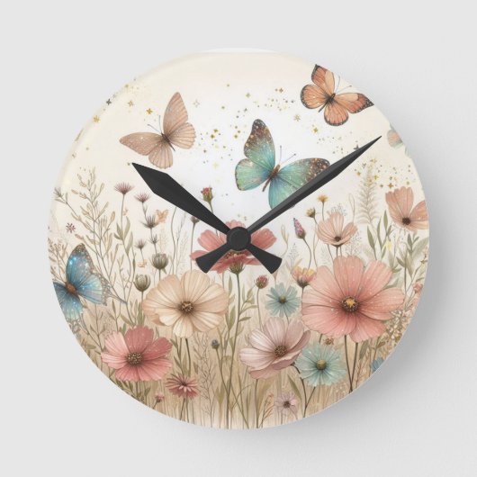 Horloge Ronde Boho Fleurs sauvages & papillons (Recto)