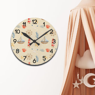 Horloge Ronde Boho Nautical Boat Lighthouse Motif Nursery