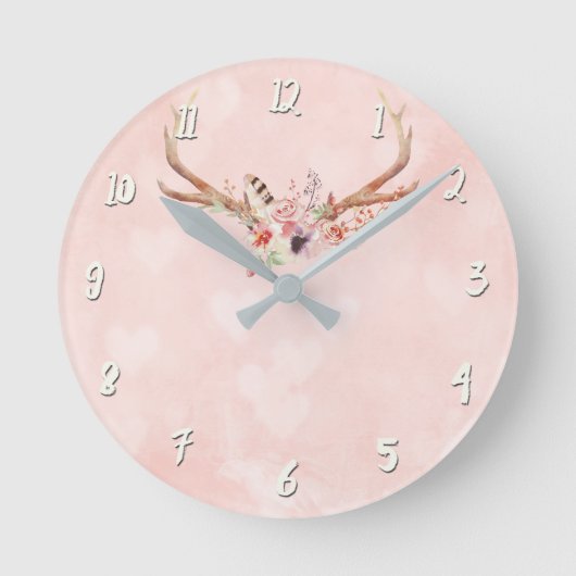 Horloge Ronde Boho rose Chic Antlers & Feathers Rustique Glam (Recto)