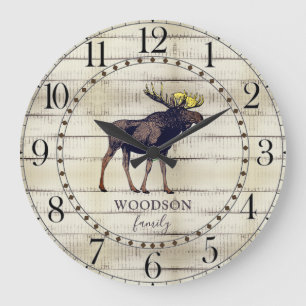 Horloge Ronde Bois rustique Nom de famille Marcher Moose Grande 