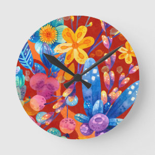 Horloge Ronde Bonjour Printemps Happiness Time Floral Coloré