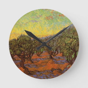 Horloge Ronde Bosquet d'oliviers sous un ciel orangé de Vincent 