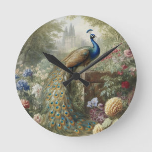 Horloge Ronde Botanique : paon près du château dans le jardin an