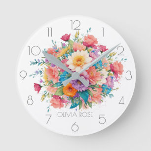 Horloge Ronde Bouquet de fleurs d'aquarelle Pastel personnalisé