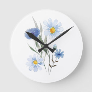 Horloge Ronde Bouquet de fleurs sauvages botaniques bleues Aqu