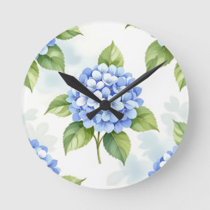 Horloge Ronde Bouquet de Hortensias Bleu Pastel Motif