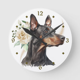 Horloge Ronde Bouquet de rose blanche Doberman Pinscher Chien