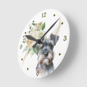 Horloge Ronde Bouquet de rose blanche Schnauzer Chien (Angle)