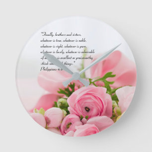 Horloge Ronde Bouquet de rose en pastel de vers de bible de