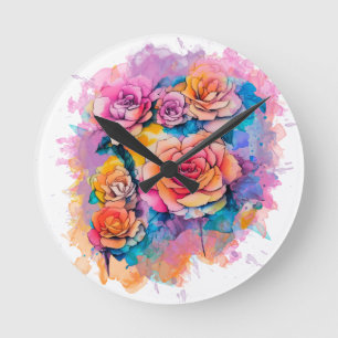 Horloge Ronde Bouquet de roses à taches de peinture aquarelle mo