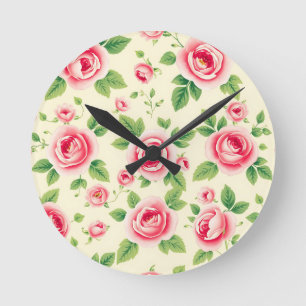 Horloge Ronde Bouquet de roses roses vintage Fleurs pastel Chint