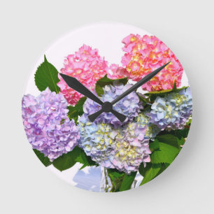 Horloge Ronde Bouquet d'hortensia bleu rose violet élégant