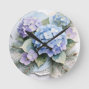 Horloge Ronde Bouquet d'hortensias bleus Aquarelle Sérénité