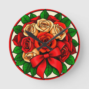 Horloge Ronde Bouquet élégant de roses rouges et blanches