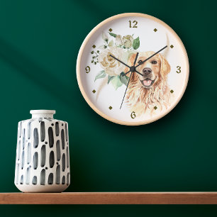 Horloge Ronde Bouquet Rose blanche Golden Retriever Chien