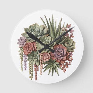 Horloge Ronde Bouquet Succulent Vert Rose