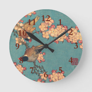 Horloge Ronde Bouvreuil d'Hokusai et Cerisier Fleur Vintage Oise