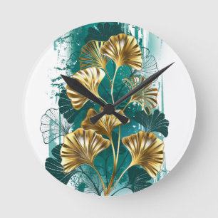 Horloge Ronde Branche avec Feuilles d'or Ginko Biloba