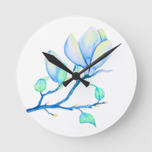 Horloge Ronde Branche de magnolia à l'aquarelle bleu-vert botani