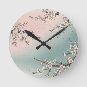 Horloge Ronde Branches de cerisier rose délicat Sakura