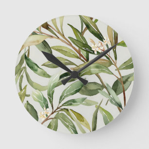 Horloge Ronde Branches d'olivier à l'aquarelle Botanique